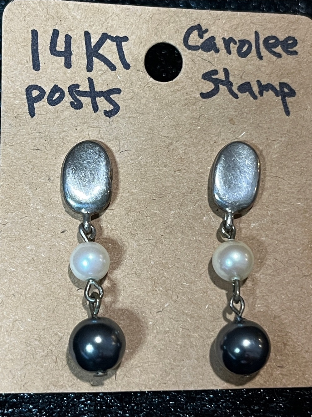 Vintage Carolee 14K Gold Post Dangle Earrings White & Black Pearl Drops